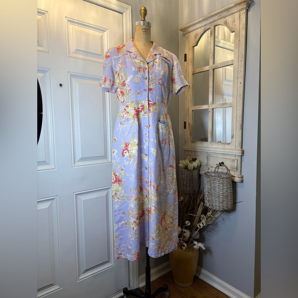Carol Anderson‎ Vintage Chic Linen Cottagecore Minimalist Floral Midi Dress SZ 8